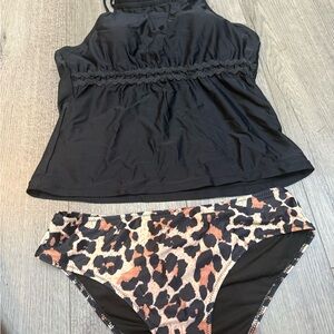 Black Tankini Top with Leopard Print Bottom - Women's Swim Set